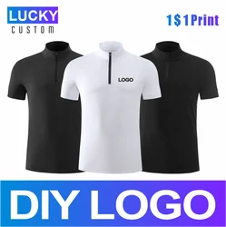 Camiseta de manga corta con cuello levantado y cremallera para hombre, camisa deportiva transpirable con logotipo bordado impreso personalizado, absorbe el sudor