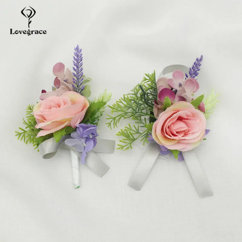 Lila Rose Brautjungfer Corsage Armbänder Blumen Blume Im Knopfloch Trauzeuge Hochzeit Silk Blumen Hochzeit Zeuge Ehe Zubehör