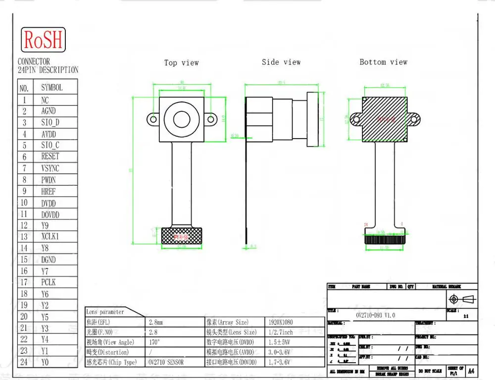 10pcs/lot OV2710 120 degree HD camera module HDF2715