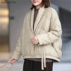 Winter Oversize 90% White Duck Down Coat Women Vintage Oblique Collar Tie Bow Short Jacket Lady Fashion Casual Loose Down Parkas