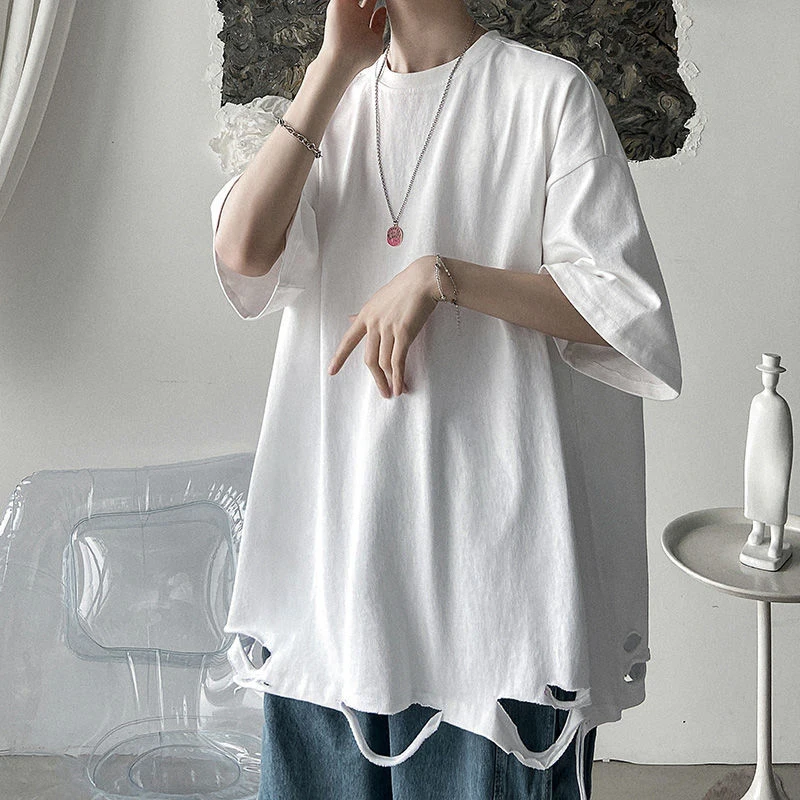 Summer Loose All-match Harajuku Women Short Sleeve T Shirts Black White Fashion 2xl Oversized Punk Hip Hop Ripped Hole Clothing