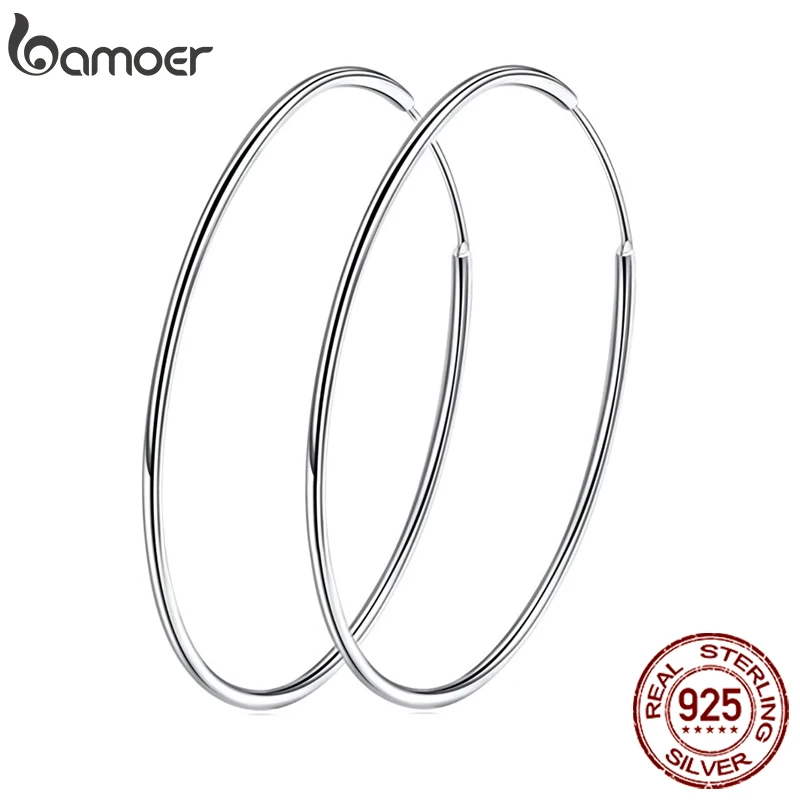 BAMOER-pendientes de aro grandes de plata de ley 925 para mujer y niña, aretes Huggie sin fin, aros grandes, 30/40mm, SCE598