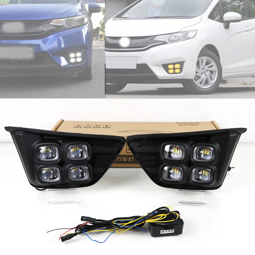 2Pieces Car DRL LED Daytime Running Lights with Turn Signal Yellow Style 12V LED Day Driving Lights For Honda Fit 2014 2015 2016