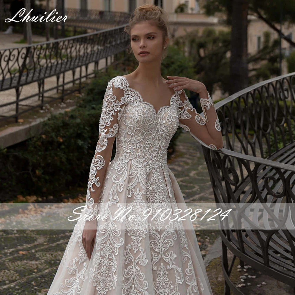 Lhuilier-vestido de novia de manga larga, prenda con Apliques de encaje, línea A, cuello transparente, cuentas de lujo, longitud hasta el suelo, cola de barrido