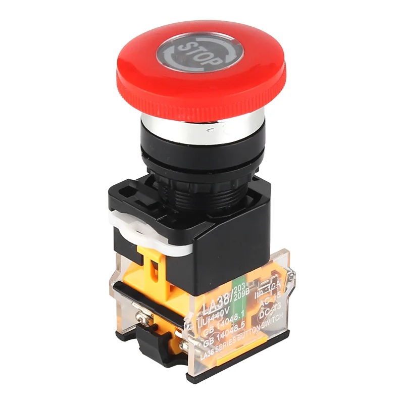 Emergency Stop 10A 380V 22mm Self-Locking Head Power Switch Mushroom Push Button Switch 1 NO 1 NC LA38-11ZS