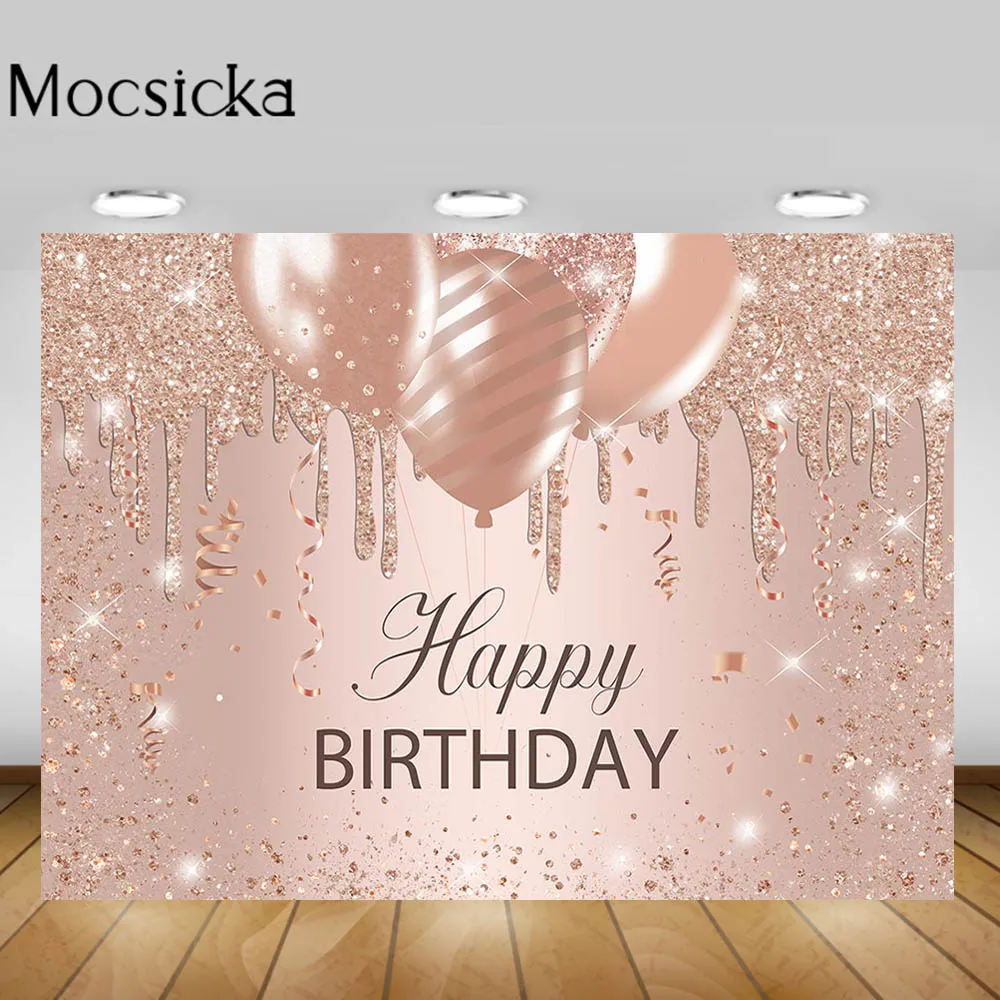 Mocsicka Pink Glitter Women Happy Birthday Party Backdrop Decoration Ladies Girl Birthday Photo Background Props for Photography