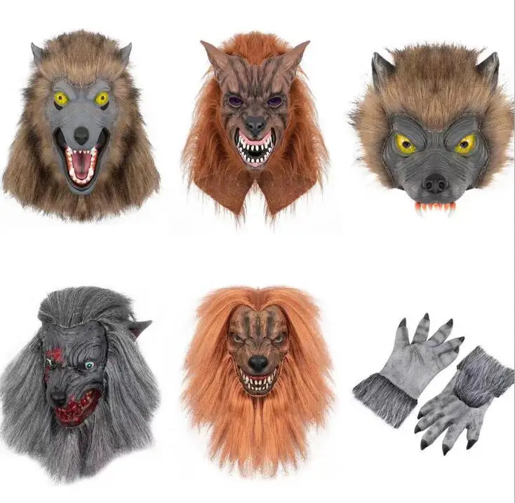 Máscaras de Anime de hombre lobo para Halloween, Cosplay de goma de látex, cabeza de Lobo, máscara de pelo, guantes de hombre lobo, disfraces de decoración de miedo para fiesta