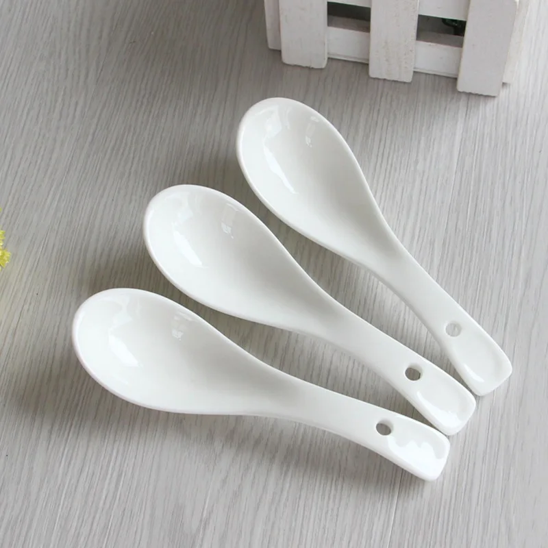 Plain White Bone Ceramic Spoon Kis Soup Spoon, Korean Chinese Rice Scoop Ice Cream Ladle, Porcelain Dinner Spoon