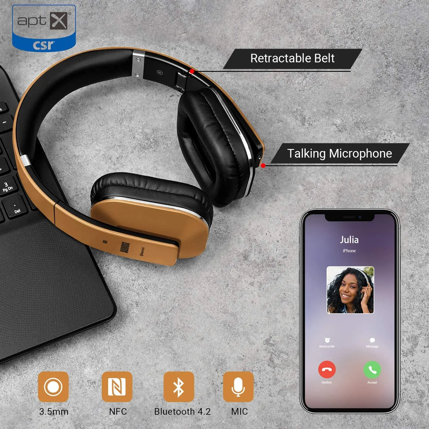 August EP650 Wireless Bluetooth4.2 Headphones with Microphone 3.5mm Audio In Wired or Wireless Stereo Headset for TV, PC,Phone