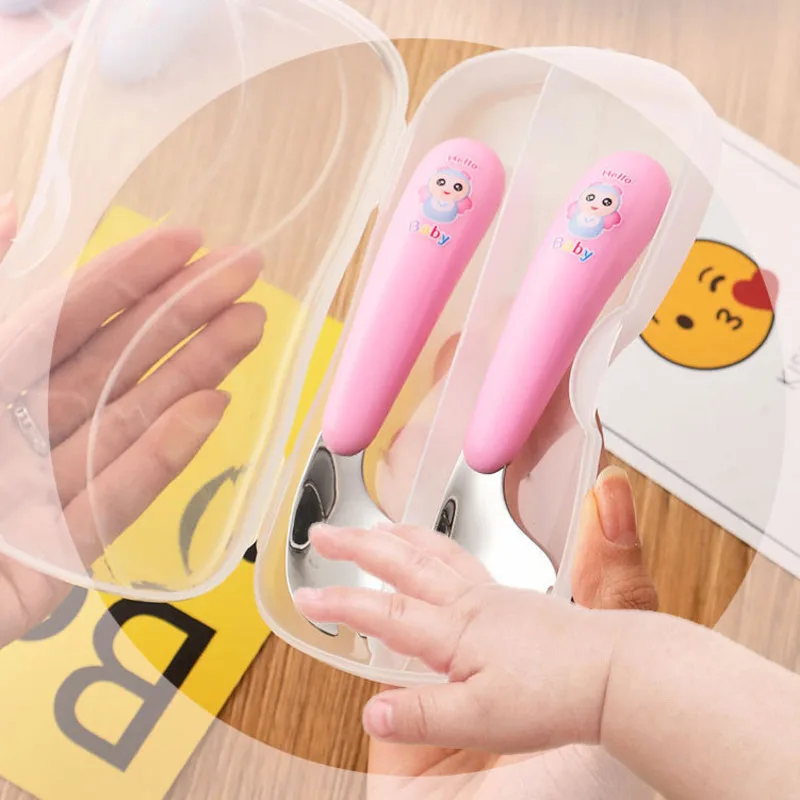 Infant Food Feeding Spoon Fork Gadgets Baby Tableware Set 304 Stainless Steel BPA Free Toddler Cartoon Dinnerware Cutlery Gifts