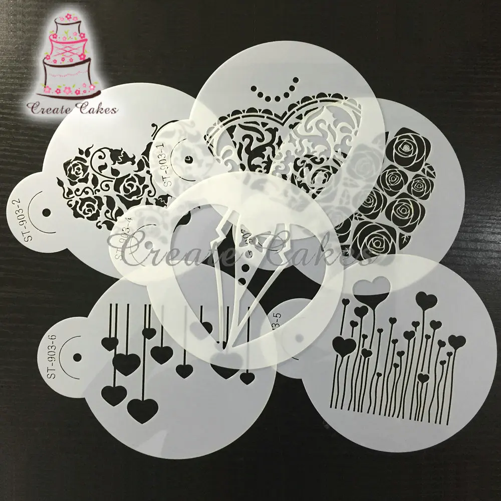 6pcs/set Hearts Cookie Stencil Fondant Cake Mold Rose Flower Biscuits Baking Mould Cake Border Decorating Pastry Spray Tool