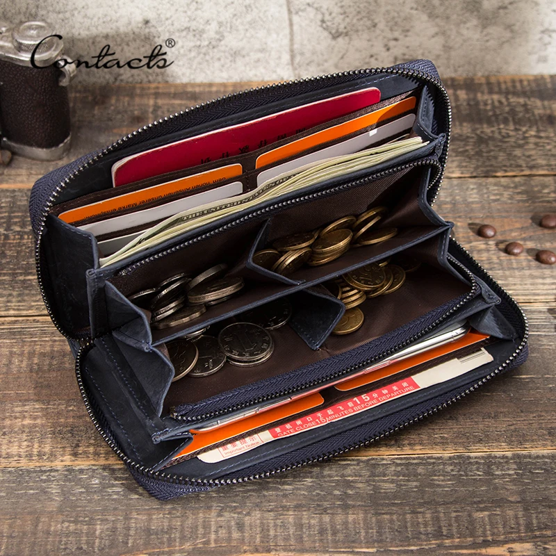 CONTACT\'S Rfid Men Wallet Genuine Leather Clutch Wallets Male Coin Purse Large Capacity Long Money Bag Phone Pocket Card Holder