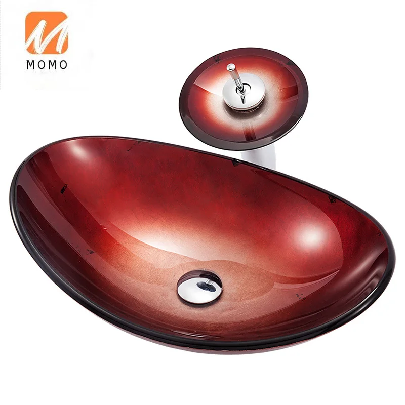 Red Color Unique Wash Basin Vessel Bowl Bathroom Sink Glass Designer Basin for Hotel