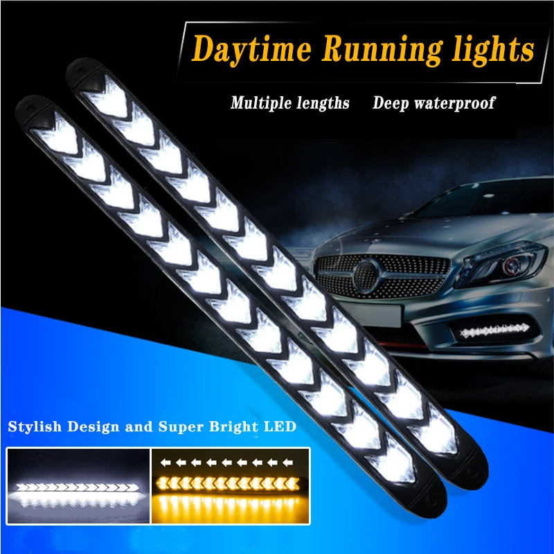 

2pcs Car Drl Daytime Running Light LED Arrow Headlight Bar Safety Waterproof Flow White Turn Signal Decoration General Auto Part