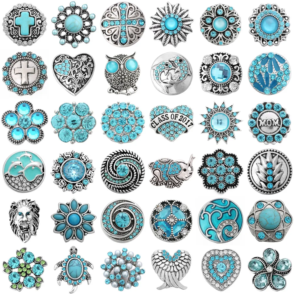 6pcs/lot Snap Button Jewelry Sky Blue Rhinestone Owl Cross Elephant Flower Snap Buttons Fit 18mm Snaps Jewelry Bracelets