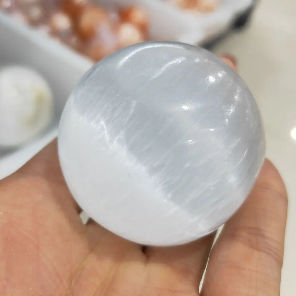 Natural white selenite opal polished crystal spherical stone gemstone healing original gypsum stone massager