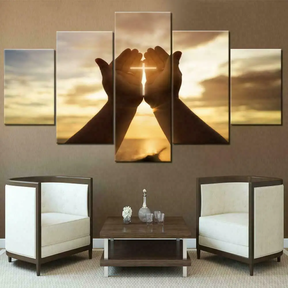 No Framed Canvas 5Pcs Jesus Hands Prayer Cross Sun Wall Art Posters Pictures Home Decor Paintings Decorations