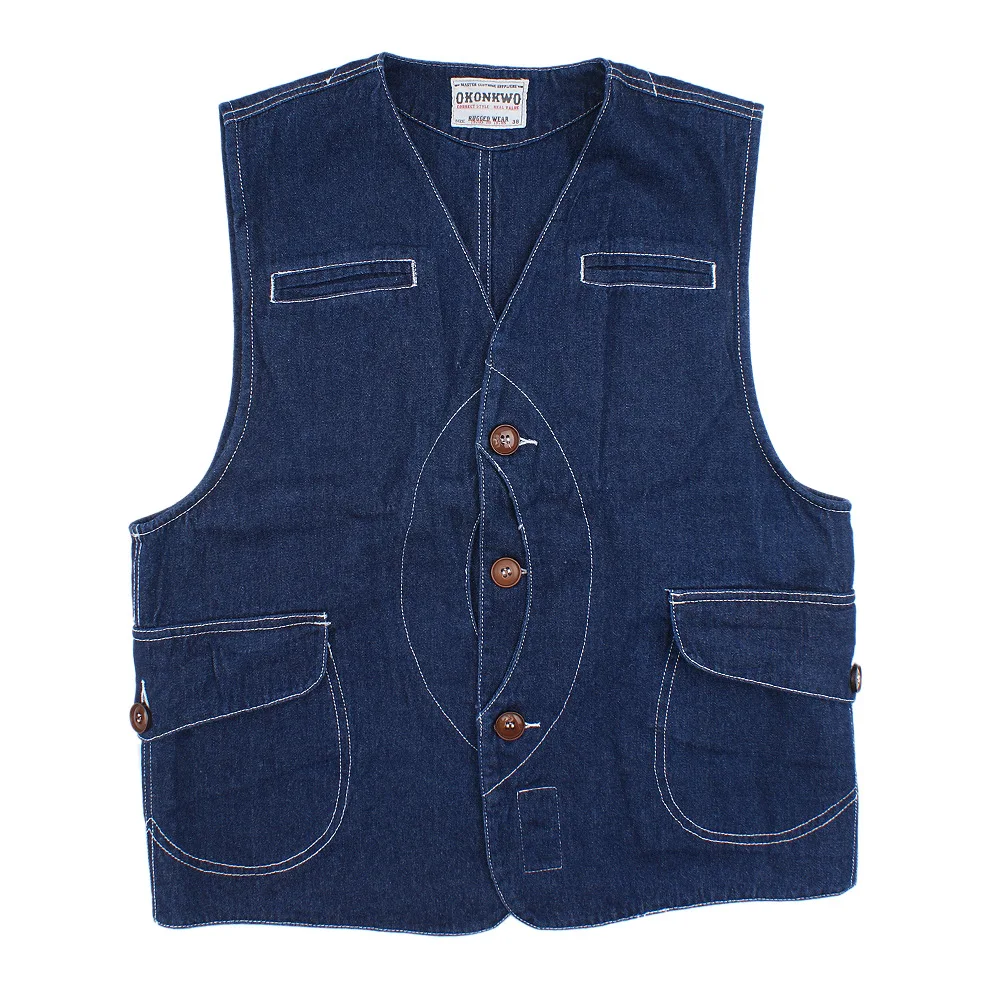 OK8405 Vintage Canvas Cargo Vest Men Streetwear Hip Hop Slim Fit Multi-Pocket Button Solid Color Simple Denim Tooling Waistcoat