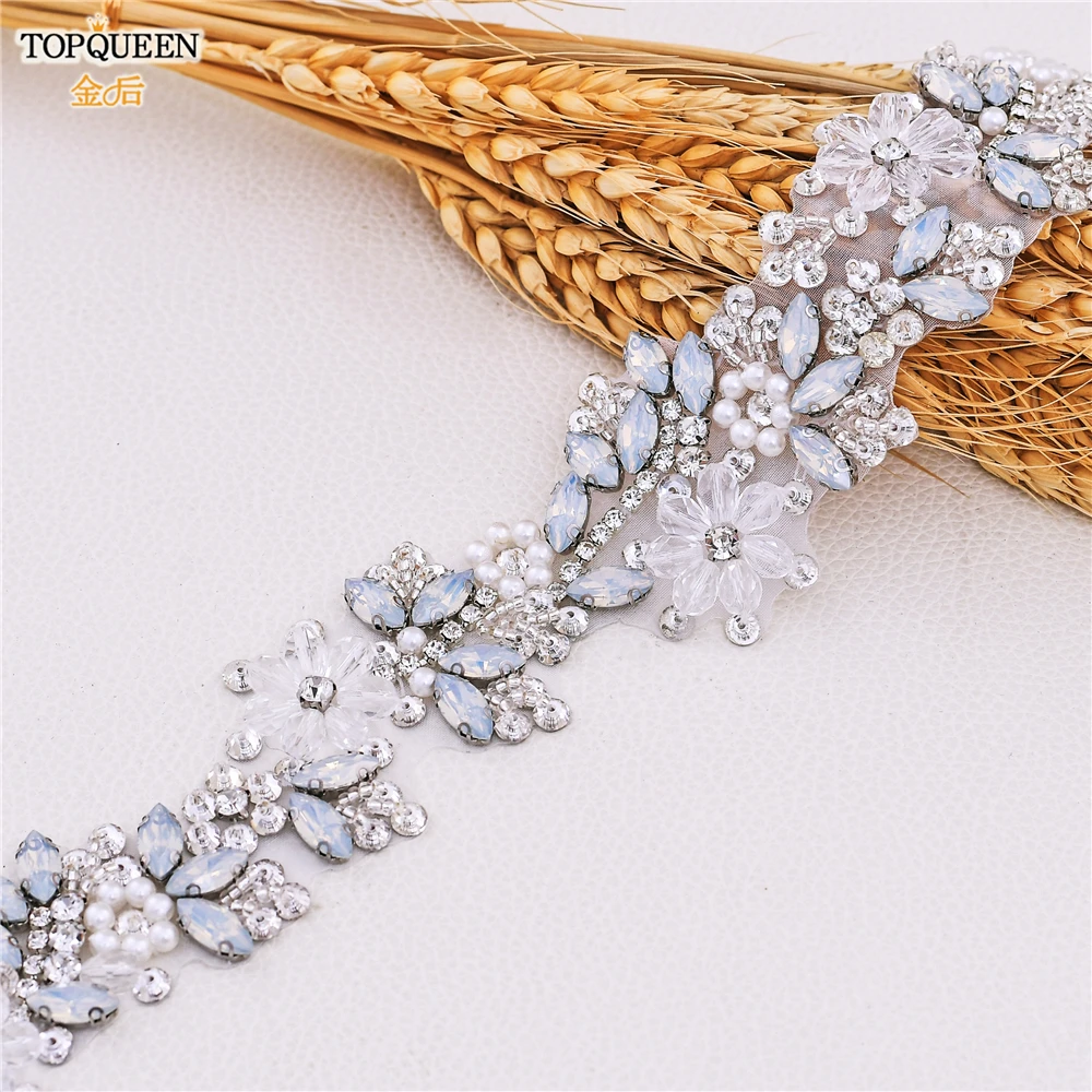 TOPQUEEN S434 Wedding Belt Woman Bridal Clear Crystal Opal Cristal Belt for Evening Party Dresses Ladies Bride Belt Organza Belt