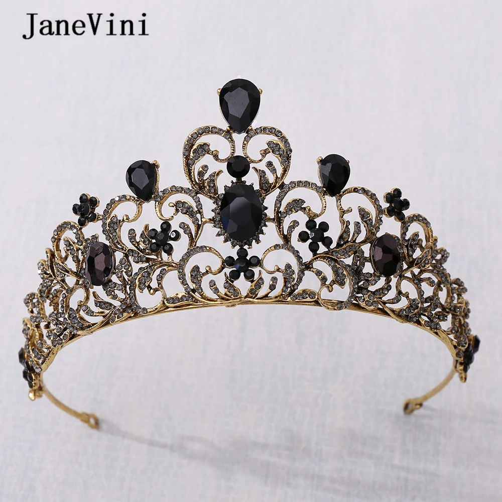 

JaneVini Baroque Retro Black Bridal Tiaras and Crowns Crystal Princess Queen Prom Headwear Wedding Jewelry Hair Accessories 2021