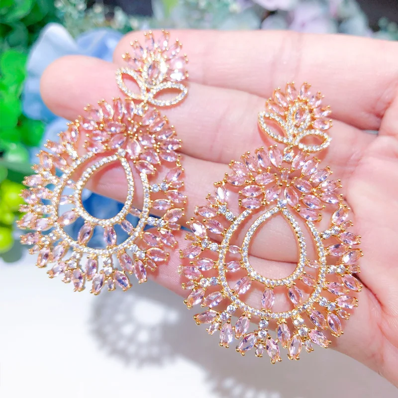 CWWZircons Shiny Light Pink Big Long Drop Engagement Wedding Earring for Women Fashion Brand Brazilian Gold Plated Jewelry CZ646