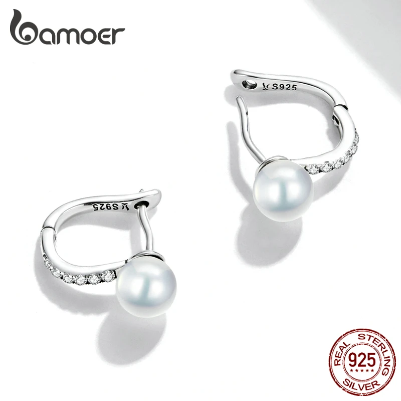 bamoer Luxury 925 Sterling Silver Pearls Ear Buckle Simple Crystal Heart Star Stud Earrings for Women Wedding Jewelry Gift