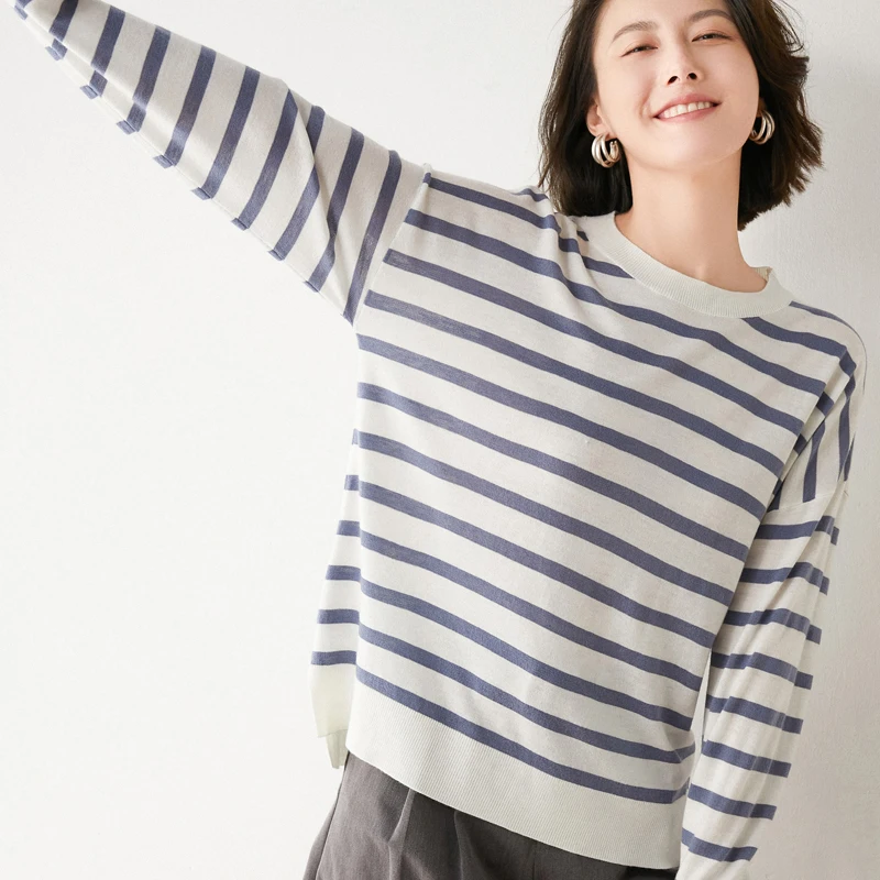 New Arrival  Spring and Autumn Wool Sweater  Women stripe  Long sleeve  O-neck Pullovers Knitted wool Sweaters