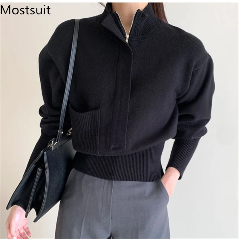 Stand Collar Zip-up Knitted Sweater Jumpers Women Full Sleeve Pocket Stylish Pullover Tops Solid Fashion Ladies Jumpers 2022