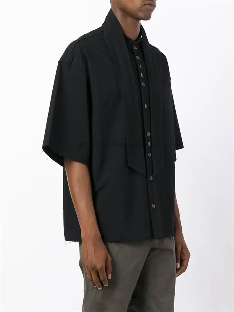 Men's new menswear trend fashion wool neck patchwork loose large size short sleeve shirt stage style performance suit