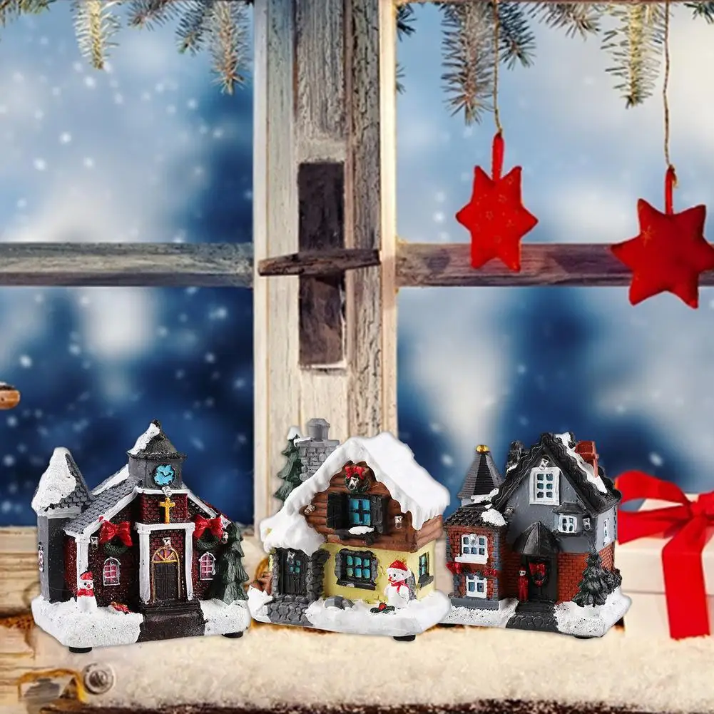 Christmas Snow House Decoration Lighthouse Christmas Scene Village Houses Town With Warm White Dream European Style Snow House