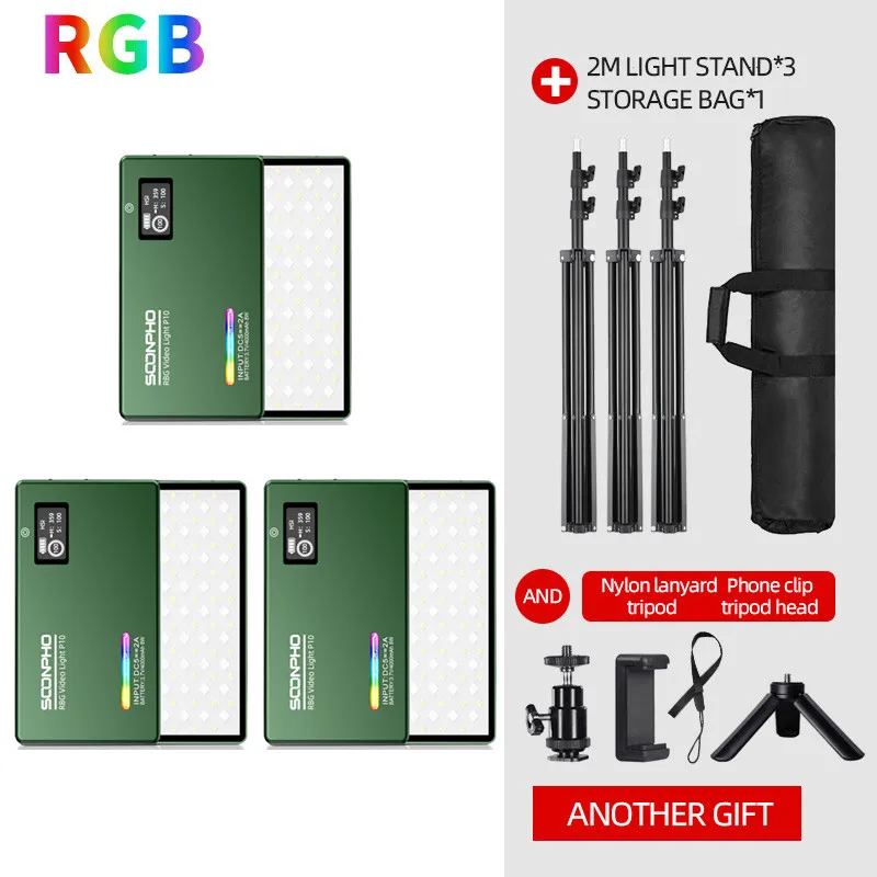 

RGB LED Video Light in 8W 2500K-8500K 4000mAh battery + 2m Light Stand + Mini stand + Phone Clip + Carry Bag + Tripod Head Kit