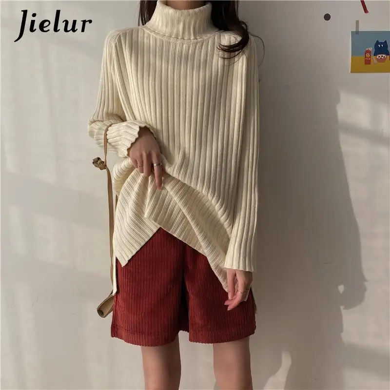 Jielur-タートルネックの女性用長袖セーター,カジュアル,ルーズフィット,10色,秋,冬