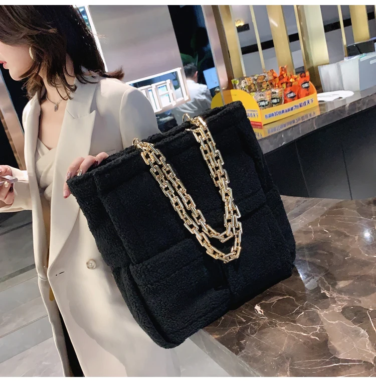 Casual Tote Bag for Women 2022 Fashion Luxury Thick Chain Wool Handbag and Purses Lady High Capacity Woven Shoulder Bag