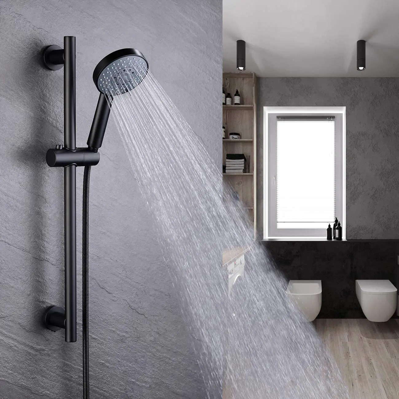 

High Quality Matte Black Shower Head with Slide Bar Combo 5-Function Handheld Shower Kit Shower Hose Adjustable Holder Set