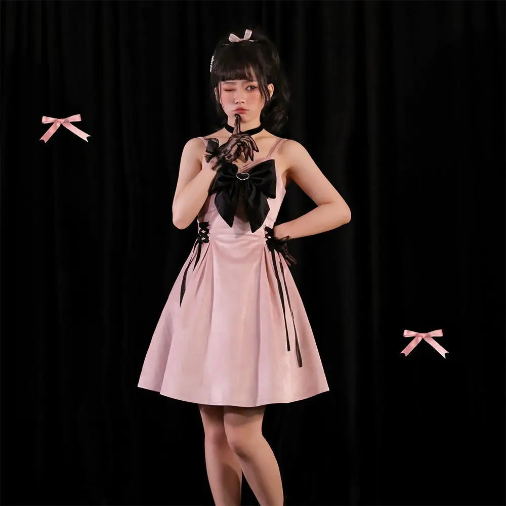 Pink Lolita Dress Kawaii Bow Bandage Slip Dresses Women Goth Black Sexy Sleeveless Y2k Female Party Sweet Cosplay Strap Dresses