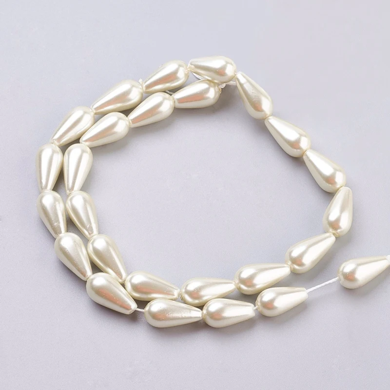 10 Strand FloralWhite Painted Drop Shape Glass Pearl Beads for jewelry making 16x8mm, Hole: 1mm; about 24pcs/strand F60