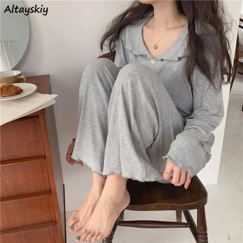 

Pajama Sets Women Elegant Ins Stylish Home Wear Lounge Chic Simple Sleepwear Solid Comfortable Pj 2 Pieces Set Nighty Gray Sweet