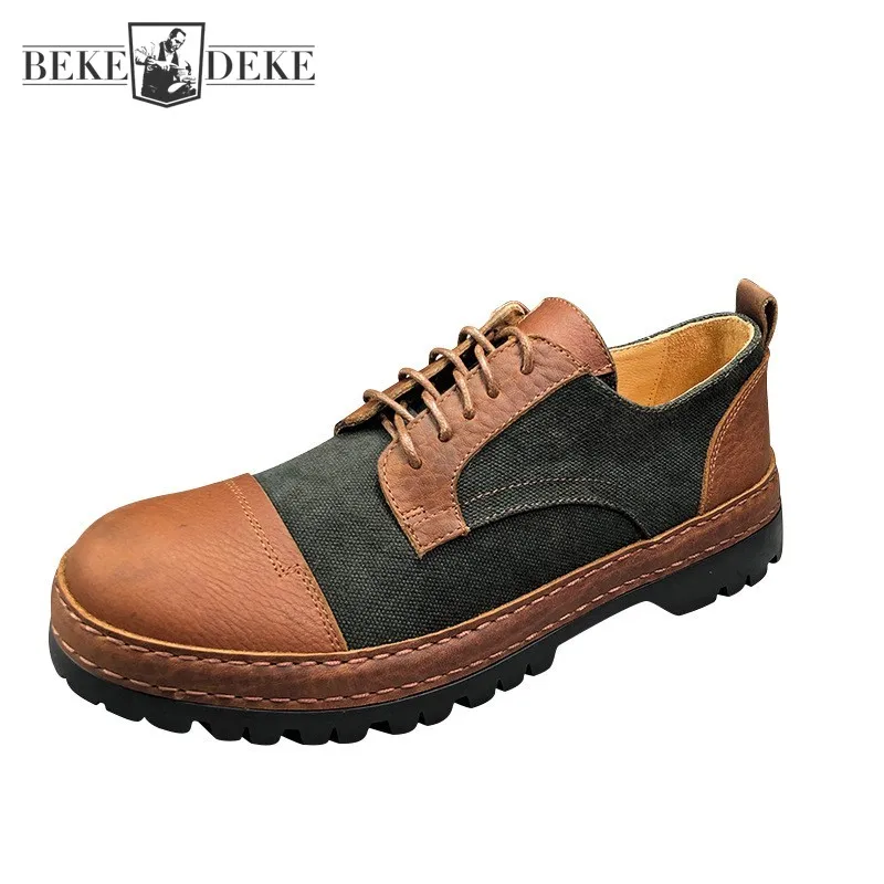 Thick Bottom Genuine Leather Vintage Men Fashion Colorblock Spliced Denim Lace Up Non-Slip Work Boots Mens Casual Shoes