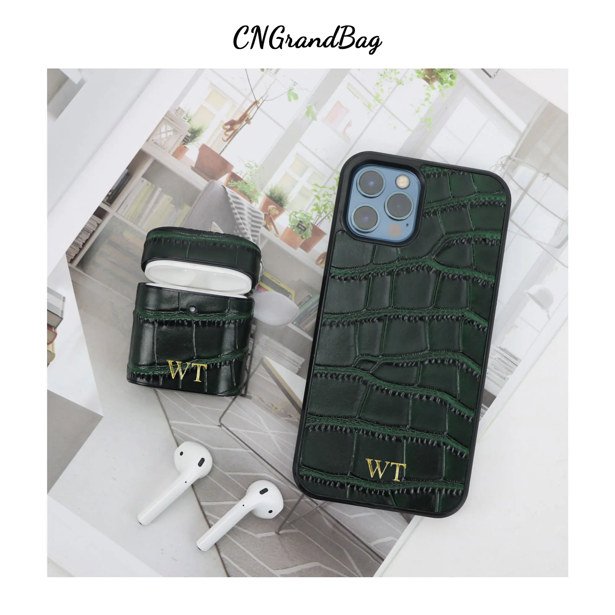 

Customized Crocodile Pattern Leather Case For Airpods 1 2 pro Protective Cover For Airpods Leather Cover For Iphone 14 13 ProMax