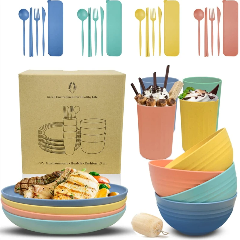 

32pcs/Set Wheat Straw Fiber Picnic Tableware Bowls Cups Plates Cutlery Fork Spoon Chopsticks Set Camping Cutlery Set for Travel