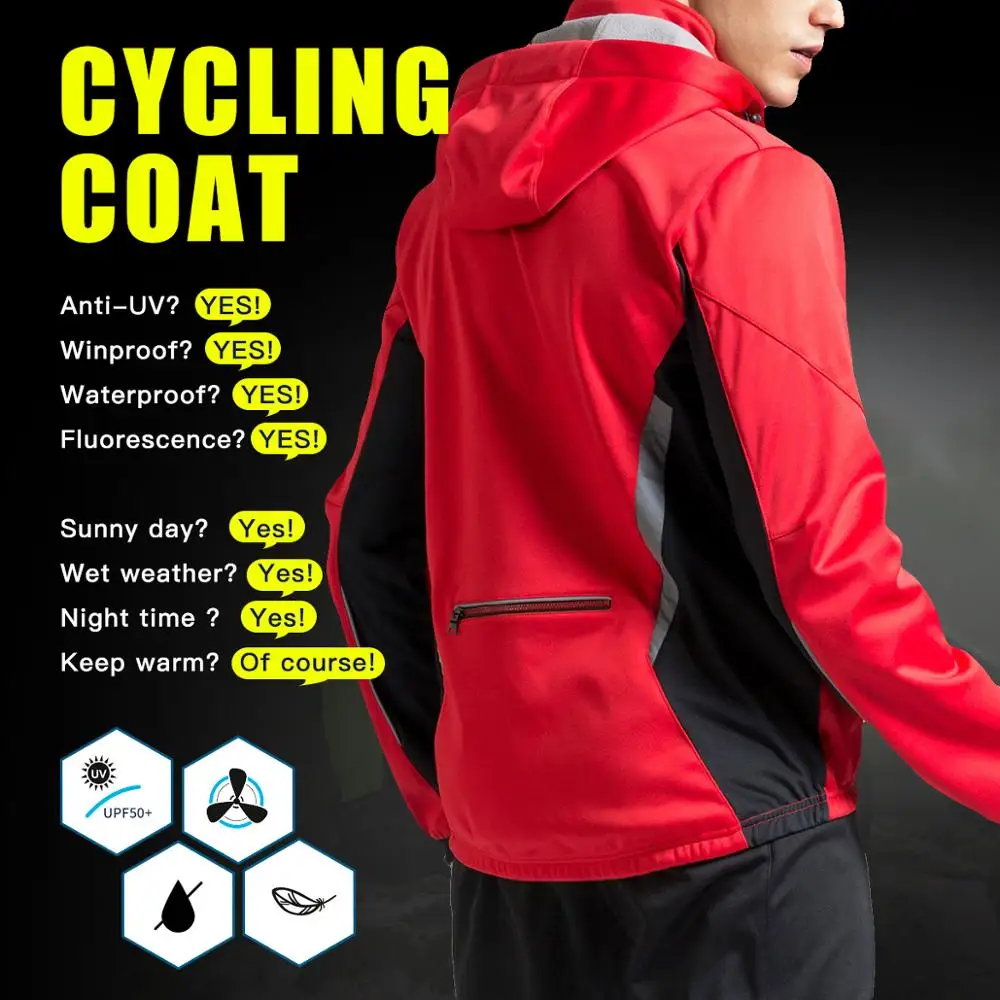 QUESHARK Men Fleece Thermal Winter Detachable Hooded Cycling Jacket Windproof Waterproof MTB Bike Windbreaker Bicycle Jersey