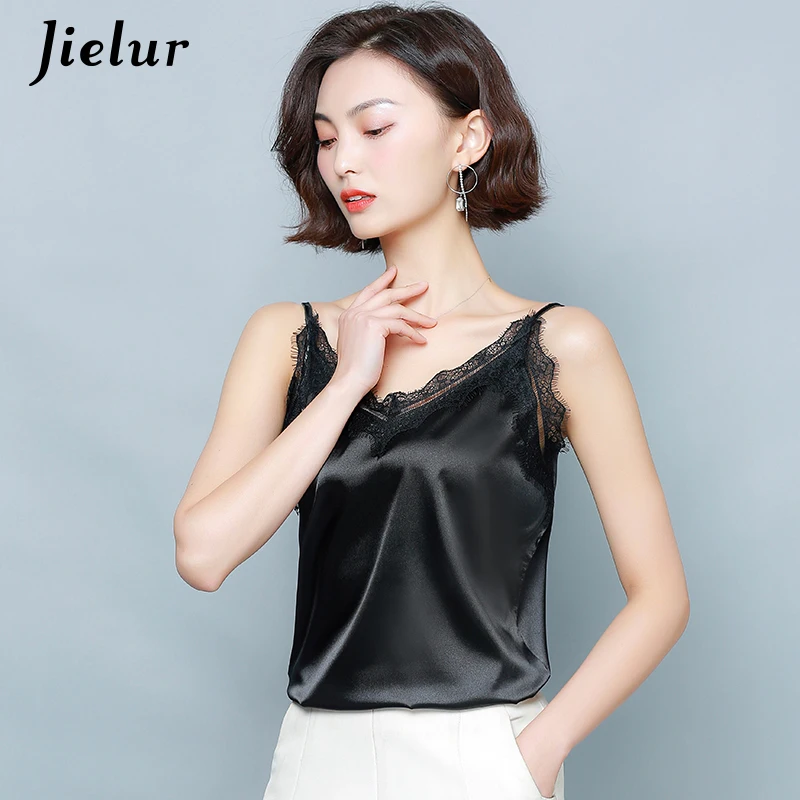 

Jielur V-neck Lace Tank Top Patchwork Black Camis Backless Sexy Femme Basic Chic Women Tops Solid Color Summer Vest Camisole