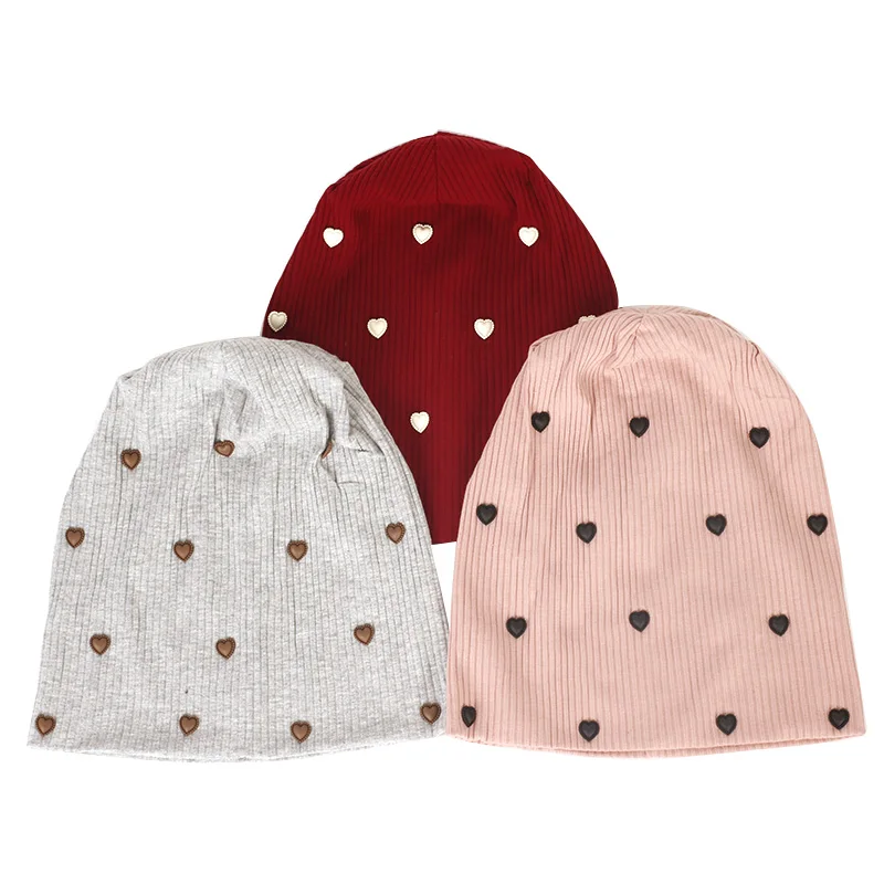 Geebro Casual Women Heart Ribbed Cotton Beanie hat Autumn Winter Knit Slouch hat for Ladies Spring Autumn Elastic Baggy Hats