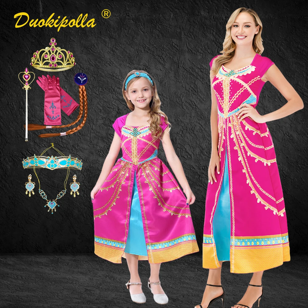 

Fancy Jasmine Costume Cartoon Print Mother Daughter Dress Mom and Daughter Jasmine Princess Cosplay Dress Matching Outfits Match