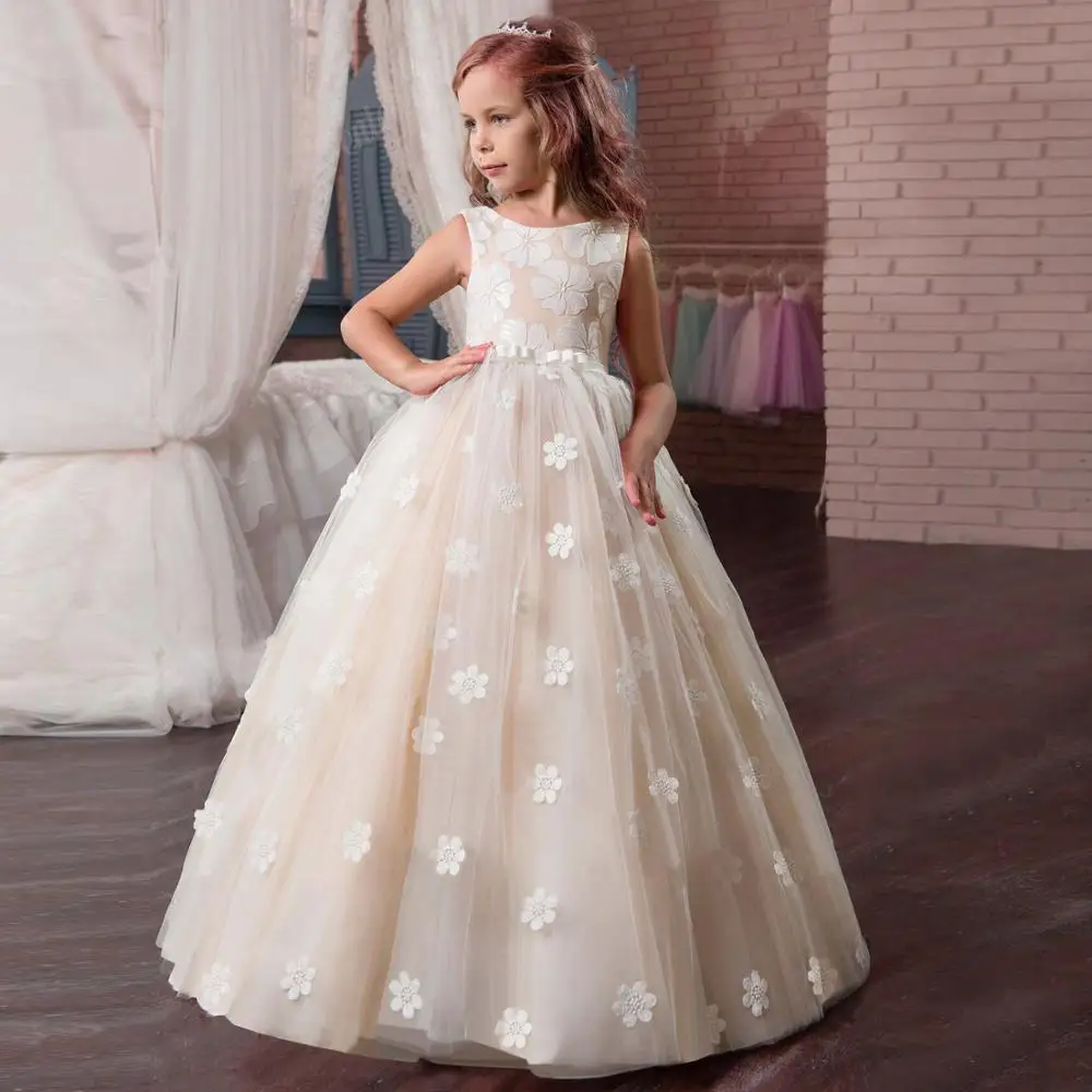 Robe de princesse en dentelle pour filles, tenue de bal, sans manches, en maille, motif floral, bonne qualité