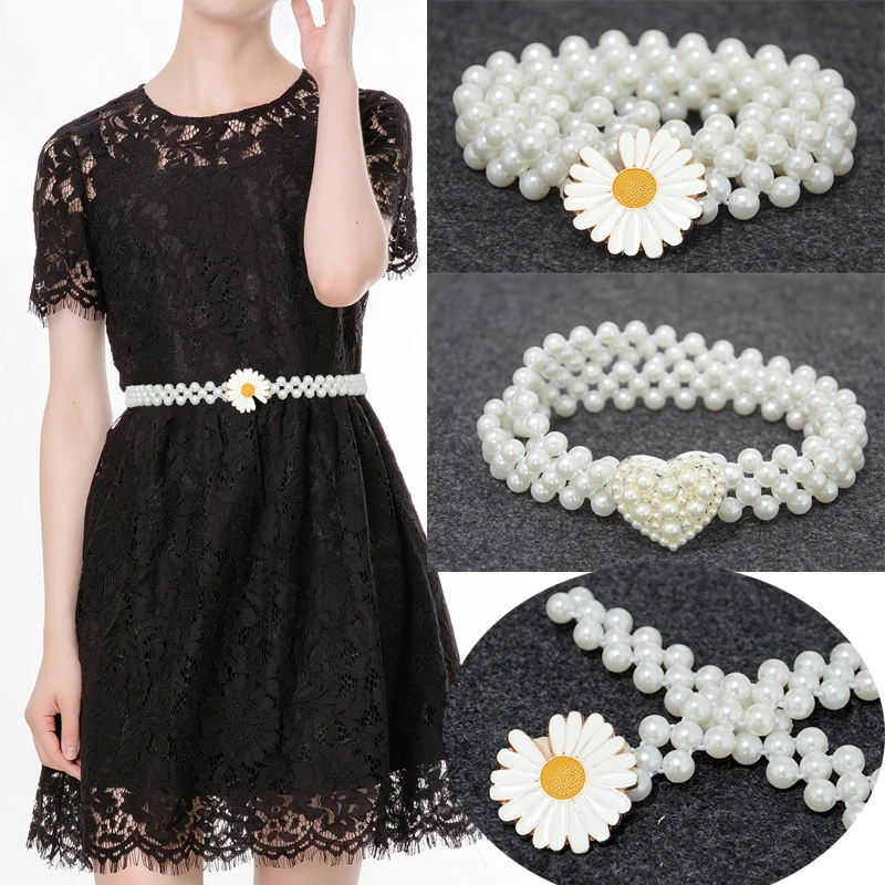 

2CM wide pearl buckle ladies thin belt luxury brand 2020 new small daisy buckle decorative elastic chain Bg-1569