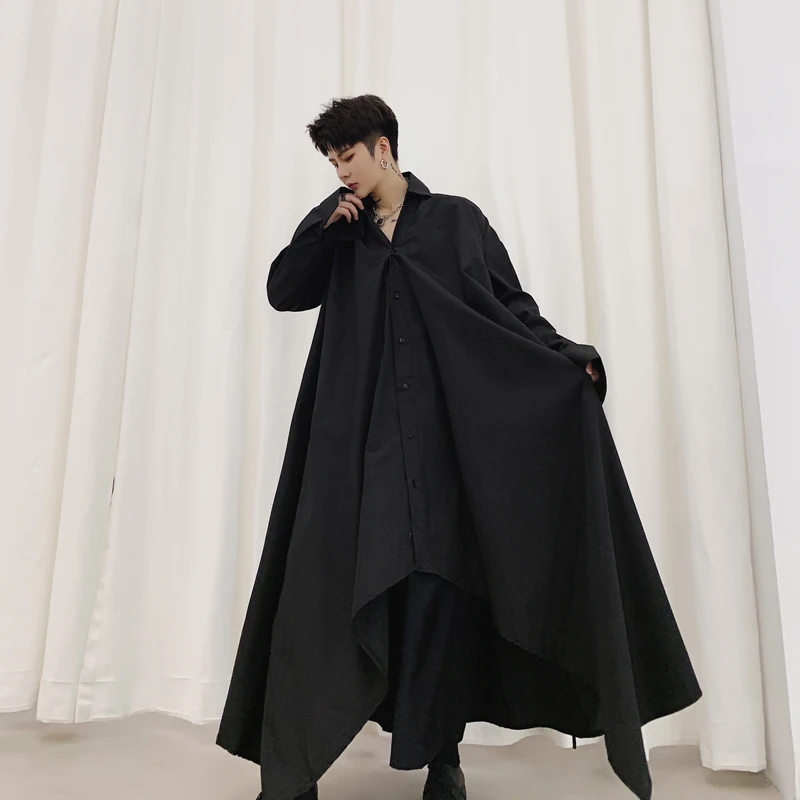 Men Long Sleeve Black White Irregular Rope Shirt Dress Male Women Streetwear Vintage Gothic Long Style Japan Kimono Robe Shirt