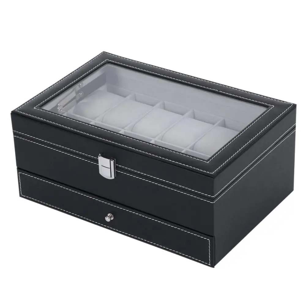 12 Slot PU Leather Watch Storage Boxes, Men & Women Jewelry Display Drawer Case, 2-Tier Organizer Watch Showcase with Glass Lid