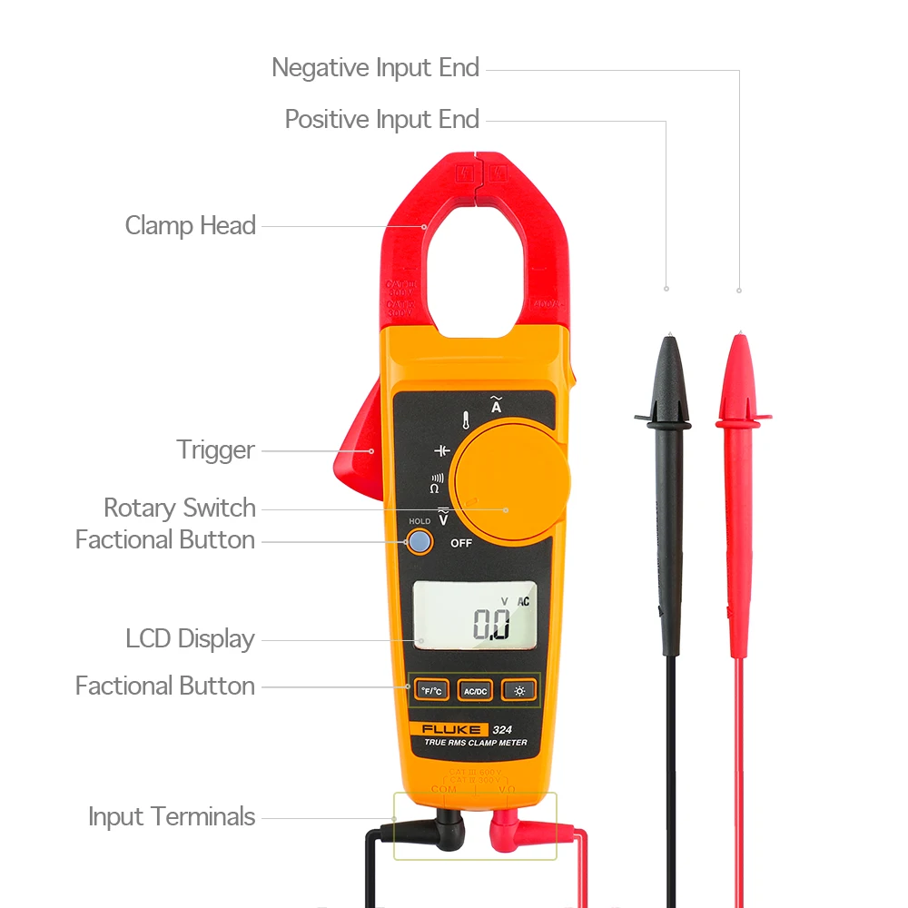 Fluke 324 40/400A AC, 600V AC/DC True-RMS Clamp Meter with Temperature, Capacitance Measurements and Carry Bag