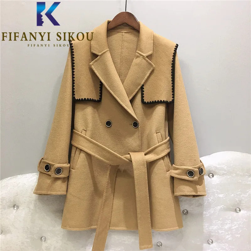 

Camel Wool Coat Women 2021 New Double Breasted Fashion Lace Up Lapel Woolen Coat Female High Quality Loose Winter Warm Overcoat